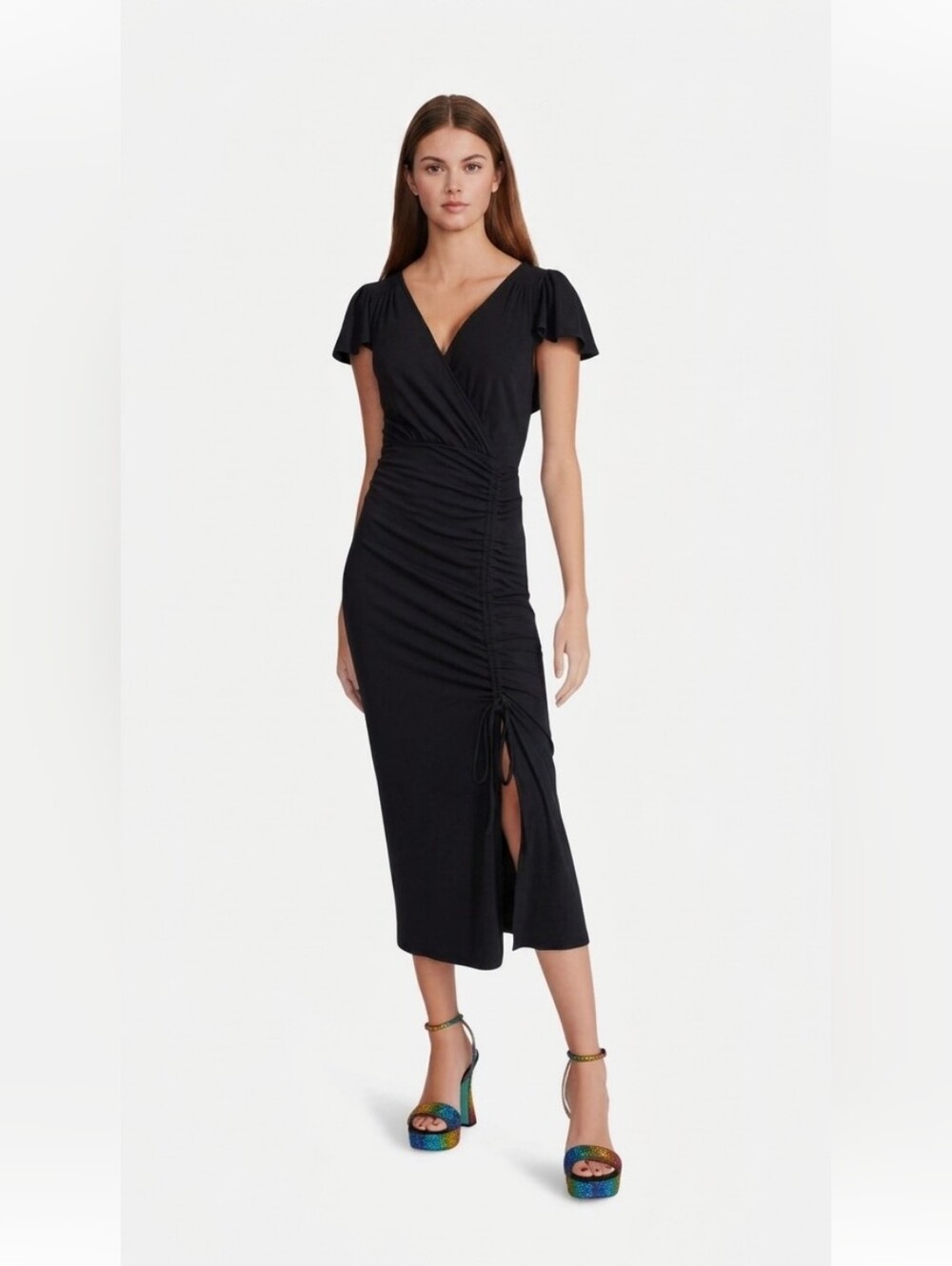 Betsey Johnson Rib Flutter Sleeve Midi Ruched Slit Black size S ptp 17"